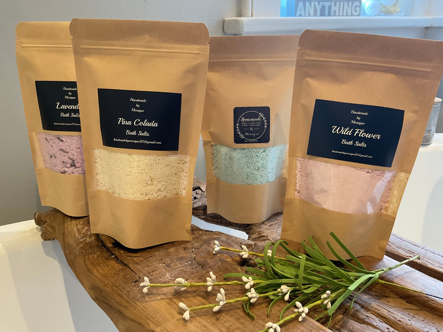 Set of four 8 oz bath salts. Pina colada, wild flower, sea breeze and lavender.