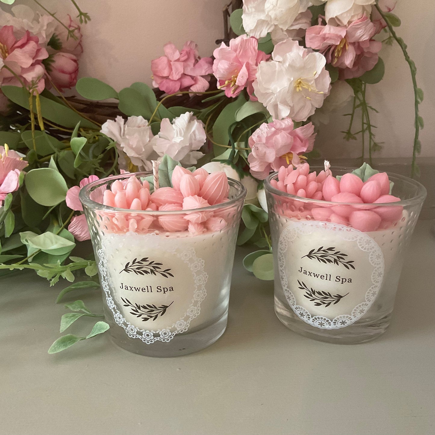 Pink succulents candle