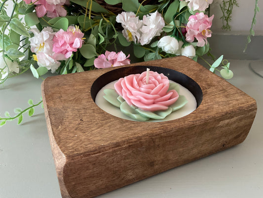 Wood bowl rose candle