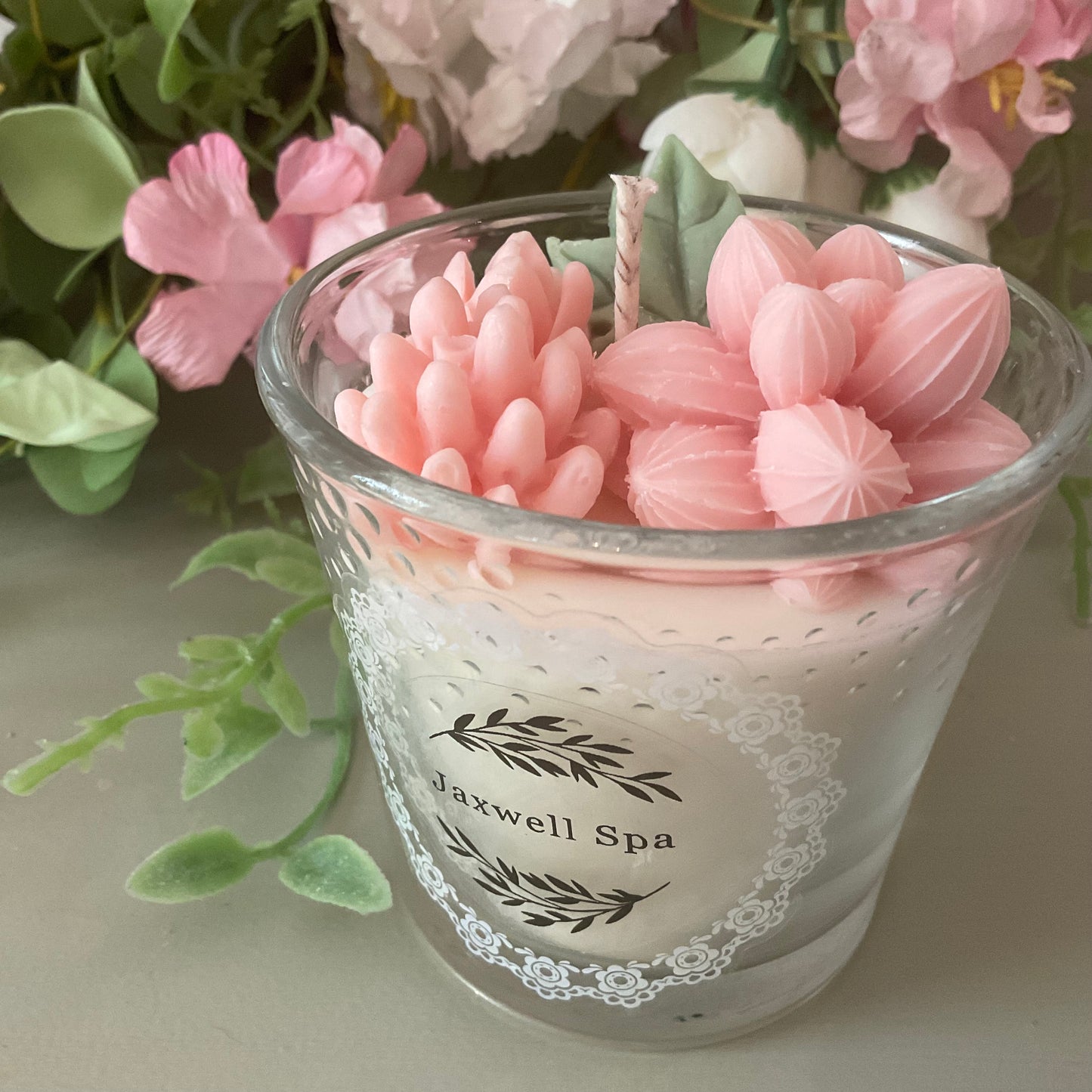 Pink succulents candle