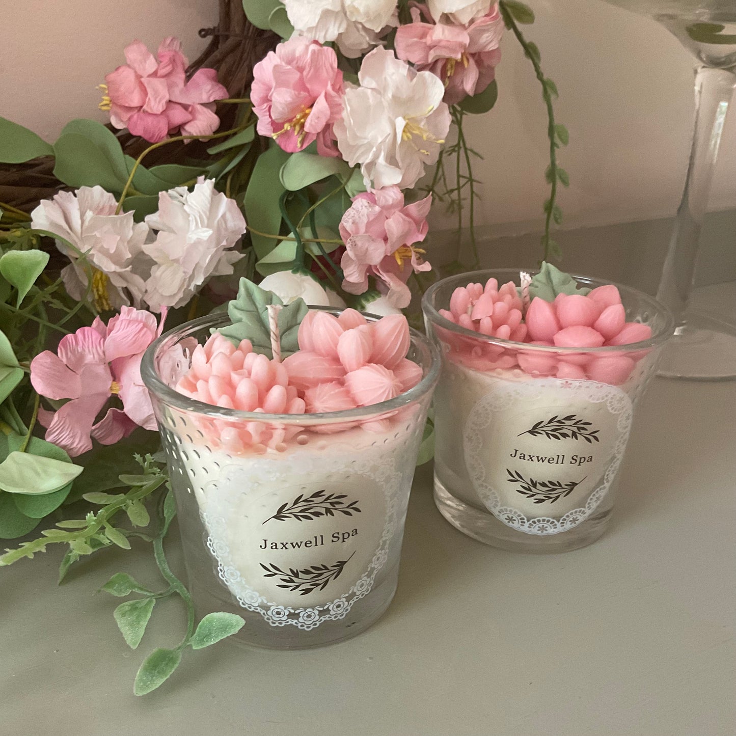 Pink succulents candle